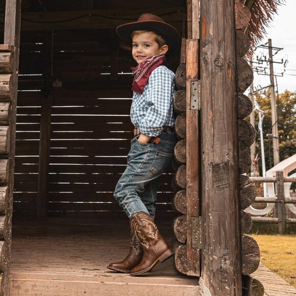 ⚡Kids Brown Synthetic Cowboy Western Riding Shoes Square Toe Wide Calf Boots - Picture 7 of 8